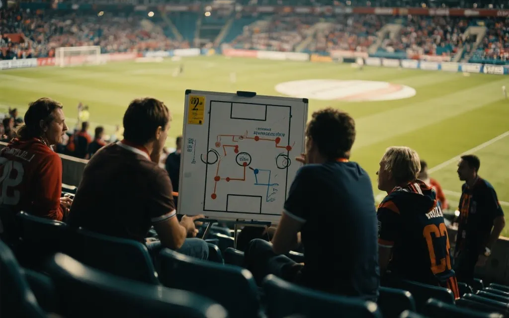 不同赛制下的出线路径对比示意，球迷在看台讨论